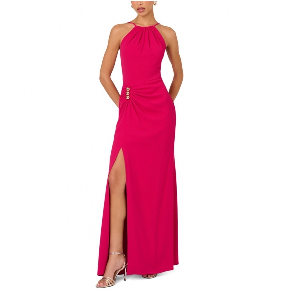 Adrianna Papell Bright Rose Crepe Bi Stretch Gown Ruched Embellished Dress 2